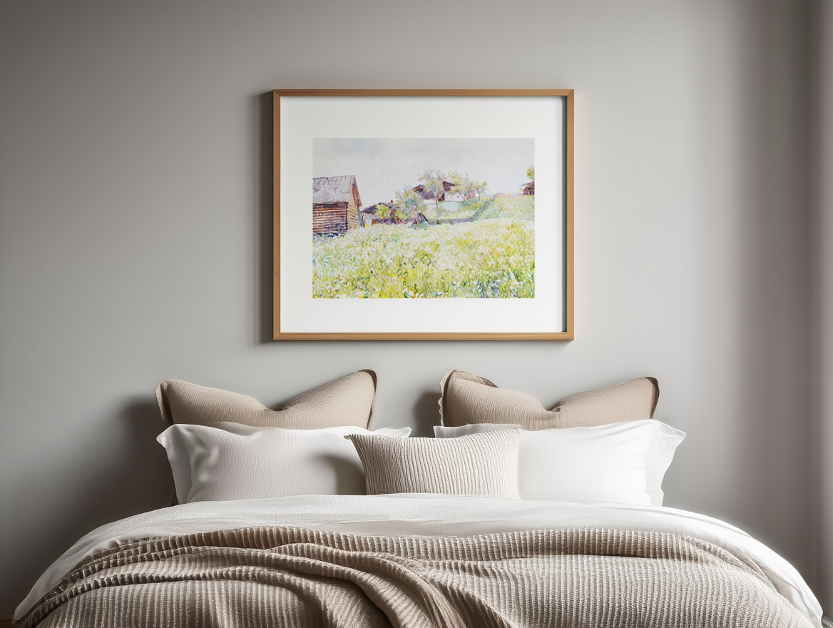 Farm Houses with White Blooming Field – Marie Egner | Classic Landscape Art Print