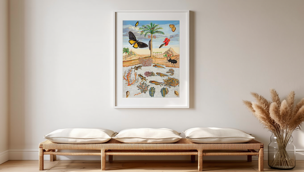 Insects and Fish with Island Background – Maria Sibylla Merian Botanical Art Print