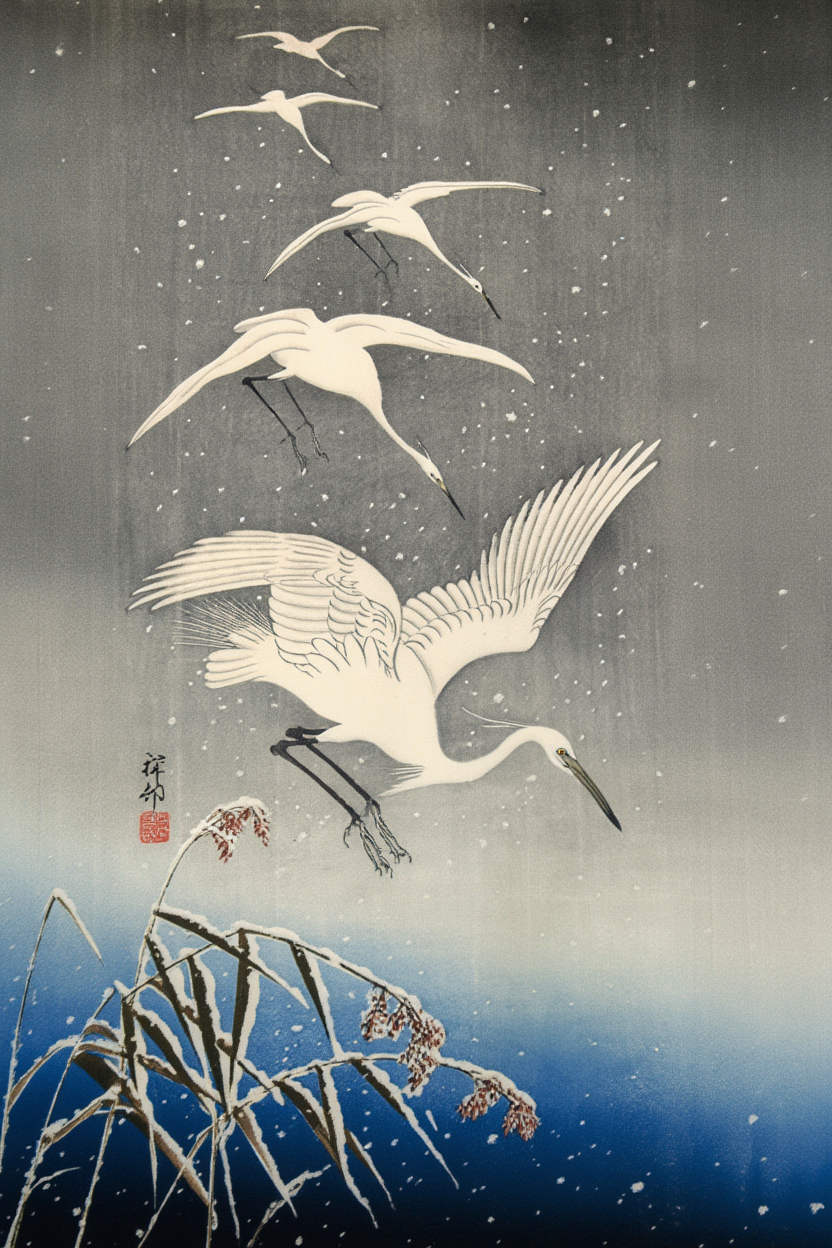 Five Egrets Descending in Snow – Ohara Koson Poster | Japanese Nature Art Print