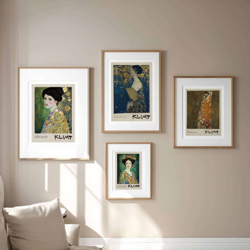 Gustav Klimt Modern Art Print Set – 4 Decorative Golden Wall Prints | Stylish Gallery Wall Décor for Home & Office