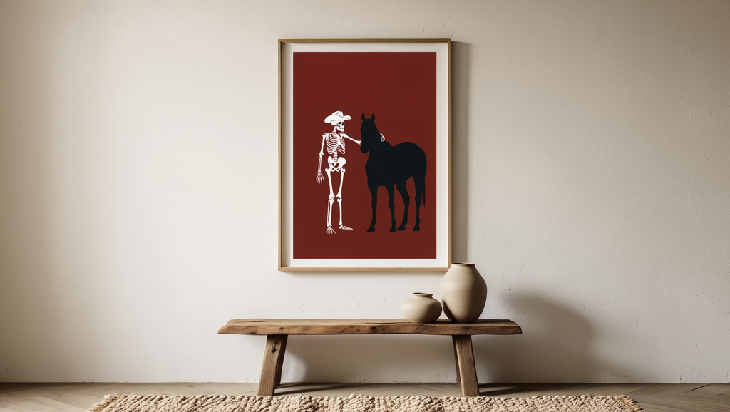 Skeleton Standing Next to Dark Horse – Red Background – Art Print