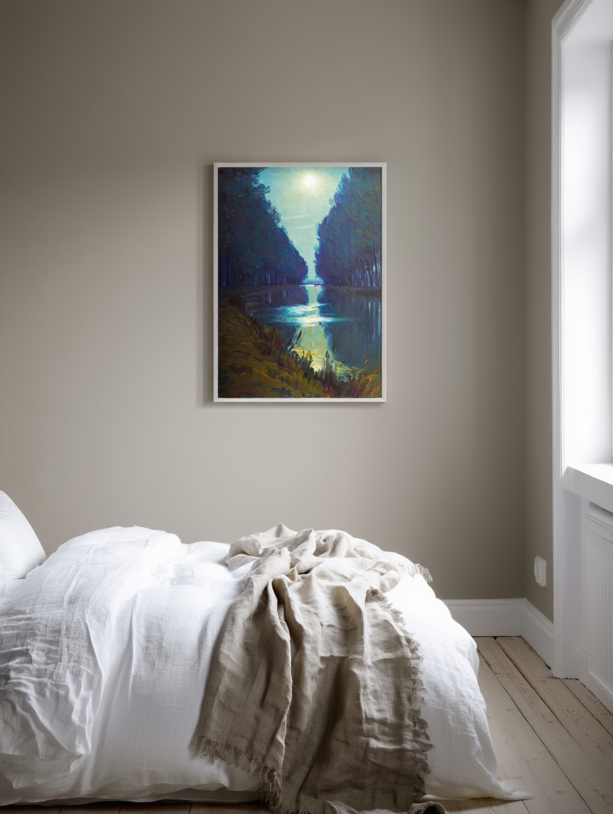 Canal de Chelles « Clair de Lune » de Charles Guilloux – Impression d’art paysager français du XIXe siècle