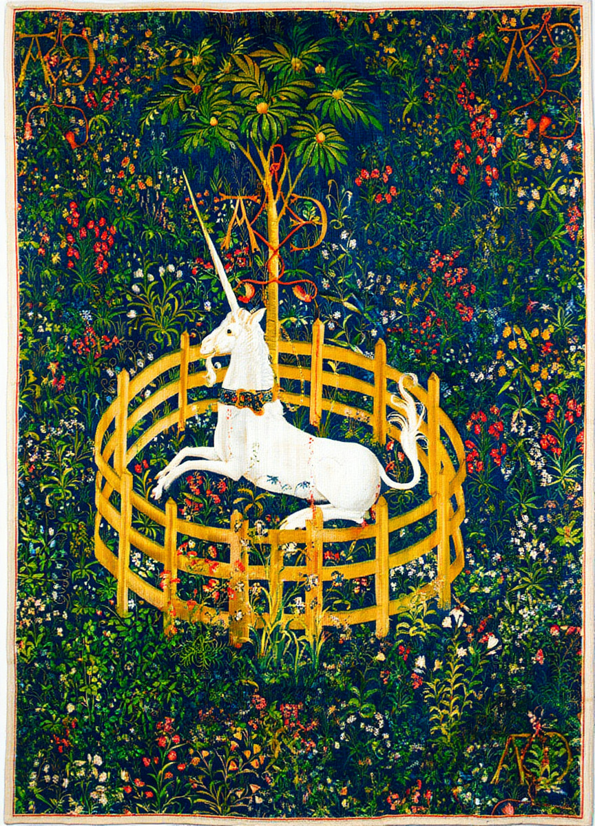 The Unicorn in Captivity – Unicorn Tapestries 1495 Art Print
