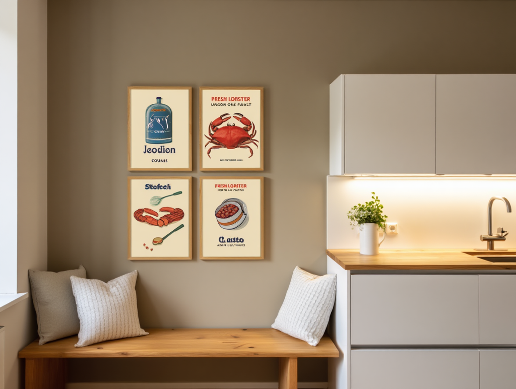 4 Retro Seafood Posters – Vintage Fish Can Wall Art Prints