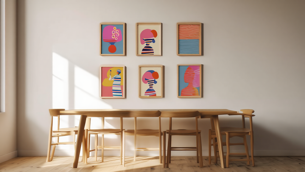 Striped Girl Reading – Set of 5 Modern Bedroom Art Prints