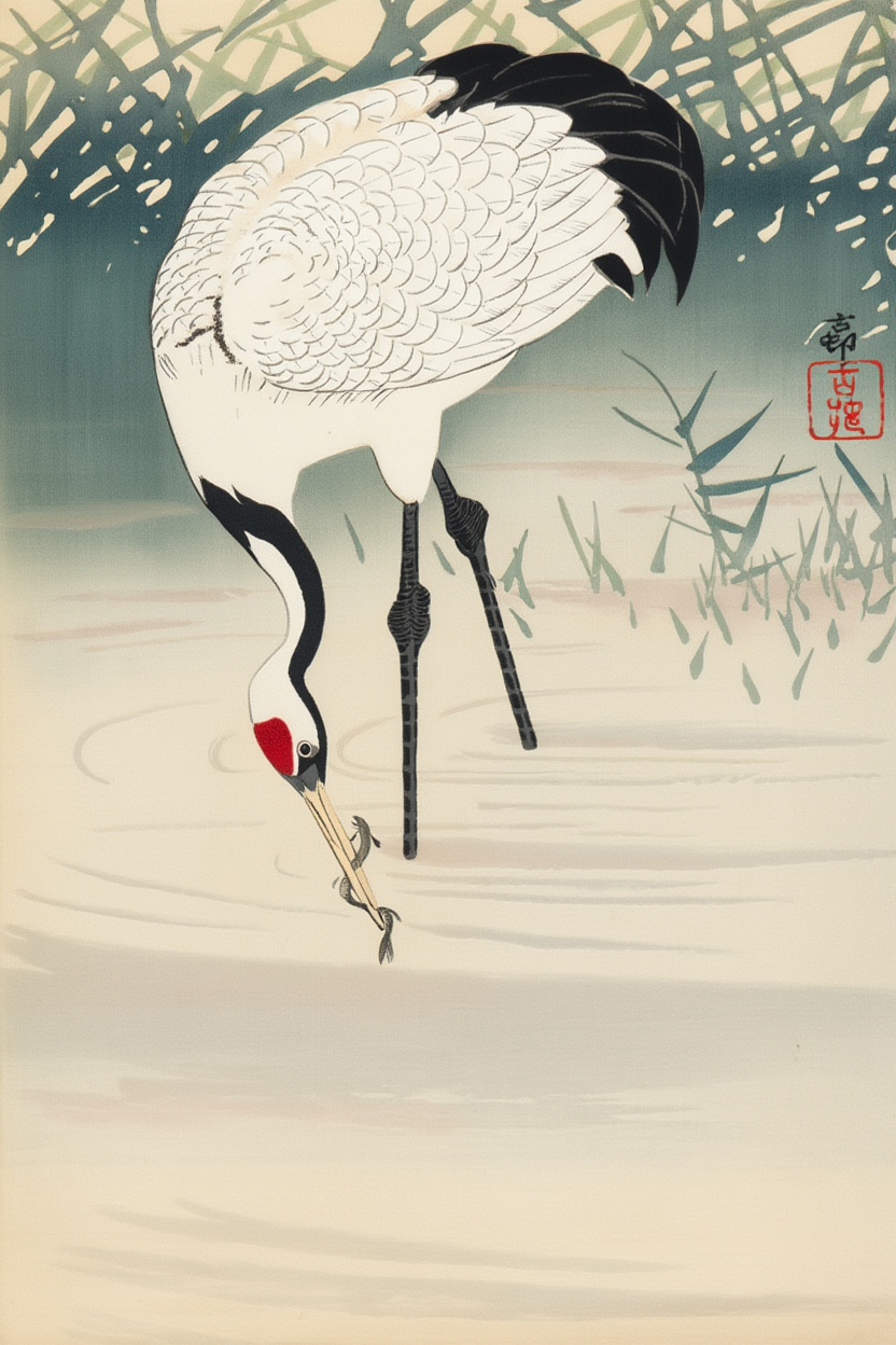 Ohara Koson - Fishing Crane in Shallow Water