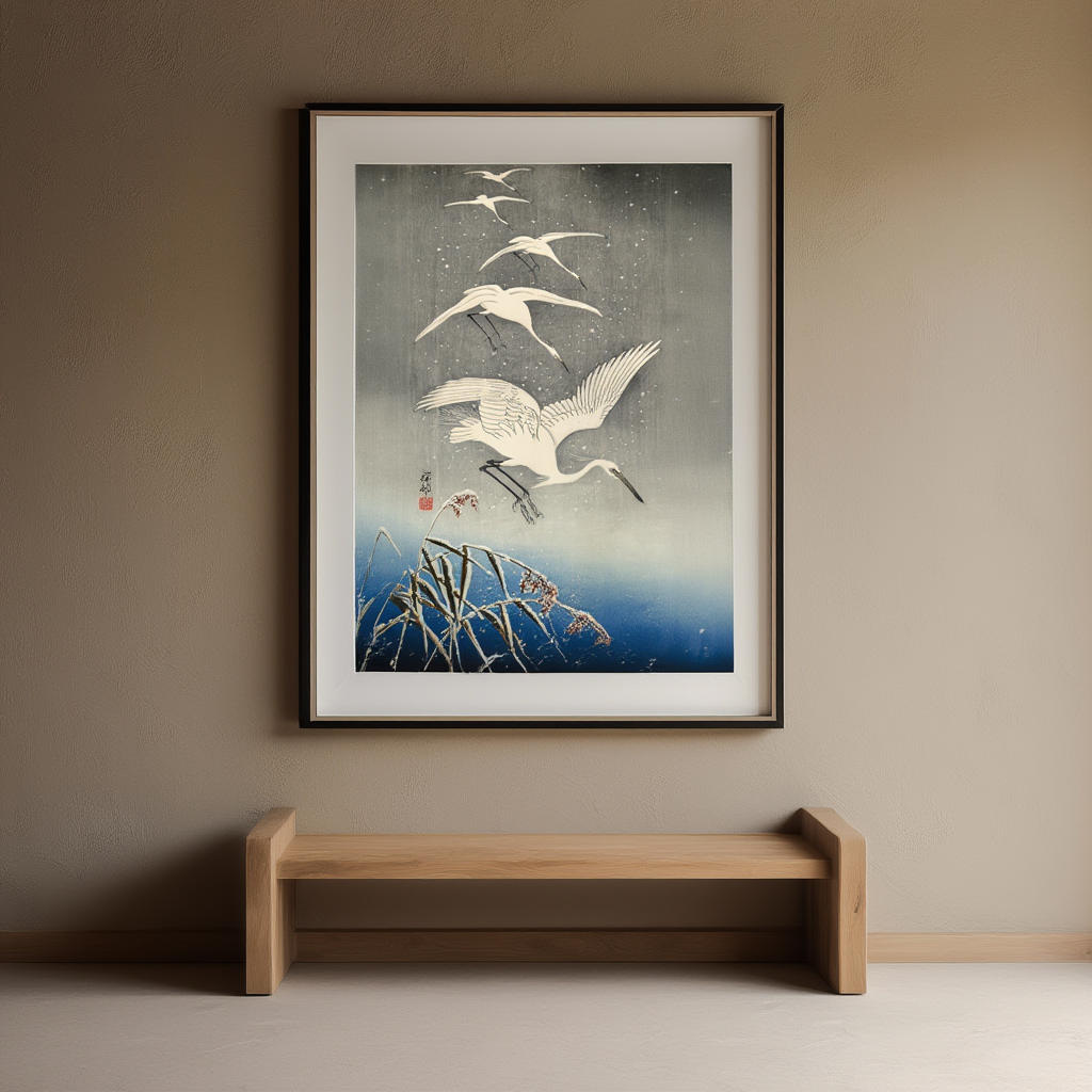 Five Egrets Descending in Snow – Ohara Koson Poster | Japanese Nature Art Print