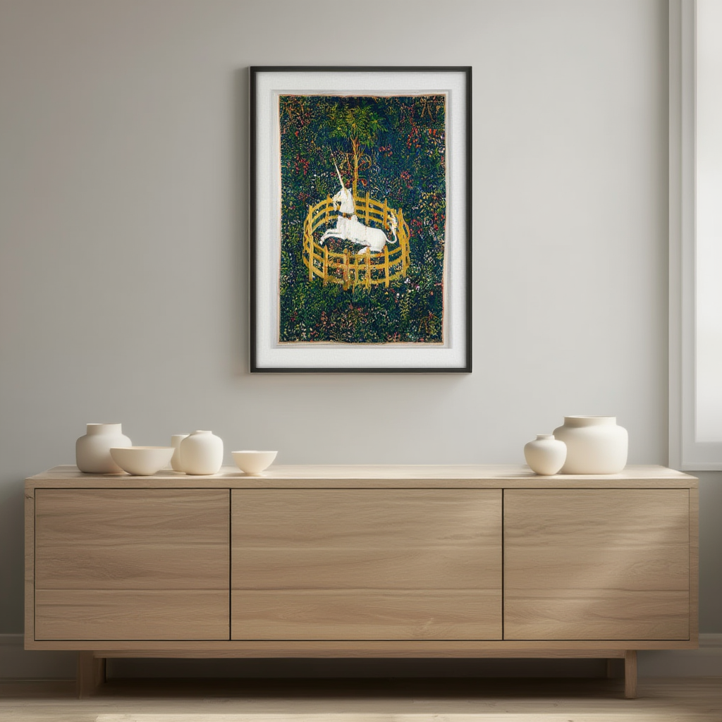 The Unicorn in Captivity – Unicorn Tapestries 1495 Art Print