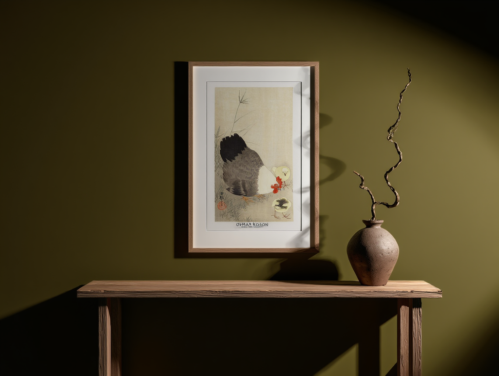 Ohara Koson - Hen and Two Chicks in Grass Poster