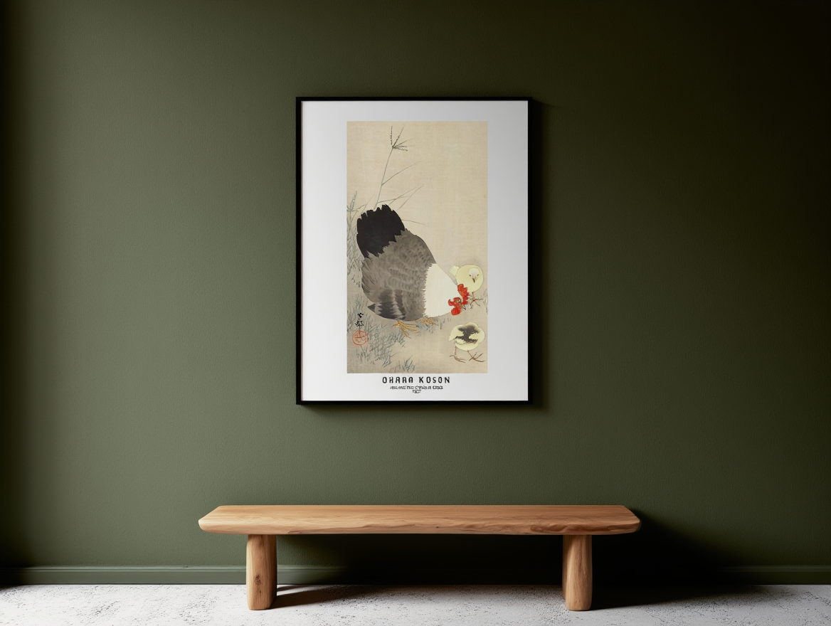 Ohara Koson - Hen and Two Chicks in Grass Poster