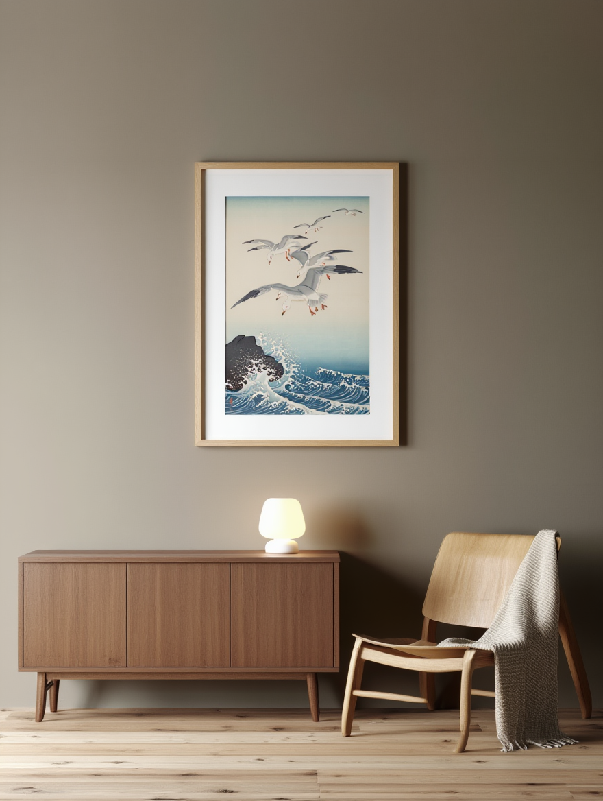Ohara Koson – Five Seagulls Above Turbulent Sea | Japanese Bird & Nature Art Print | Ukiyo-e Coastal Wall Art