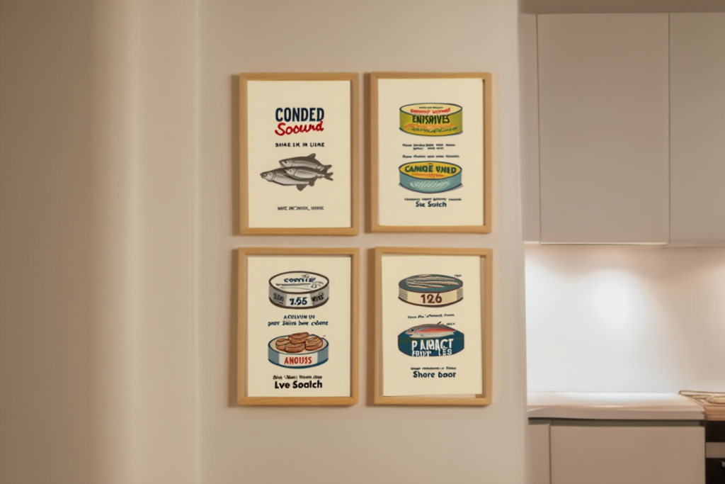 Seafood Tin Art 4 Prints – Whimsical Canned Fish Prints for Kitchen Decor