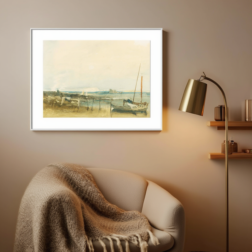 Coast Scene with White Cliffs and Boats on Shore by J.M.W. Turner – Landscape Art Print