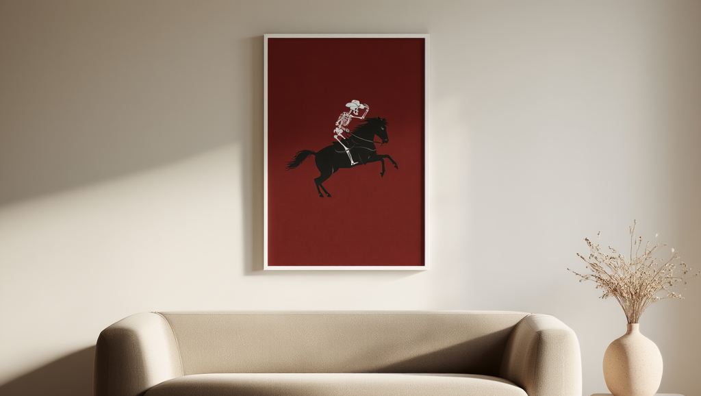 Skeleton Riding Dark Horse –  Art Print