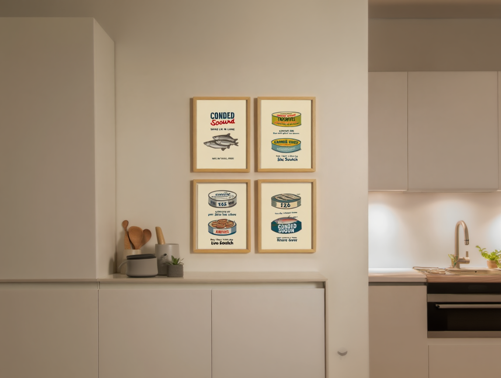 Seafood Tin Art 4 Prints – Whimsical Canned Fish Prints for Kitchen Decor