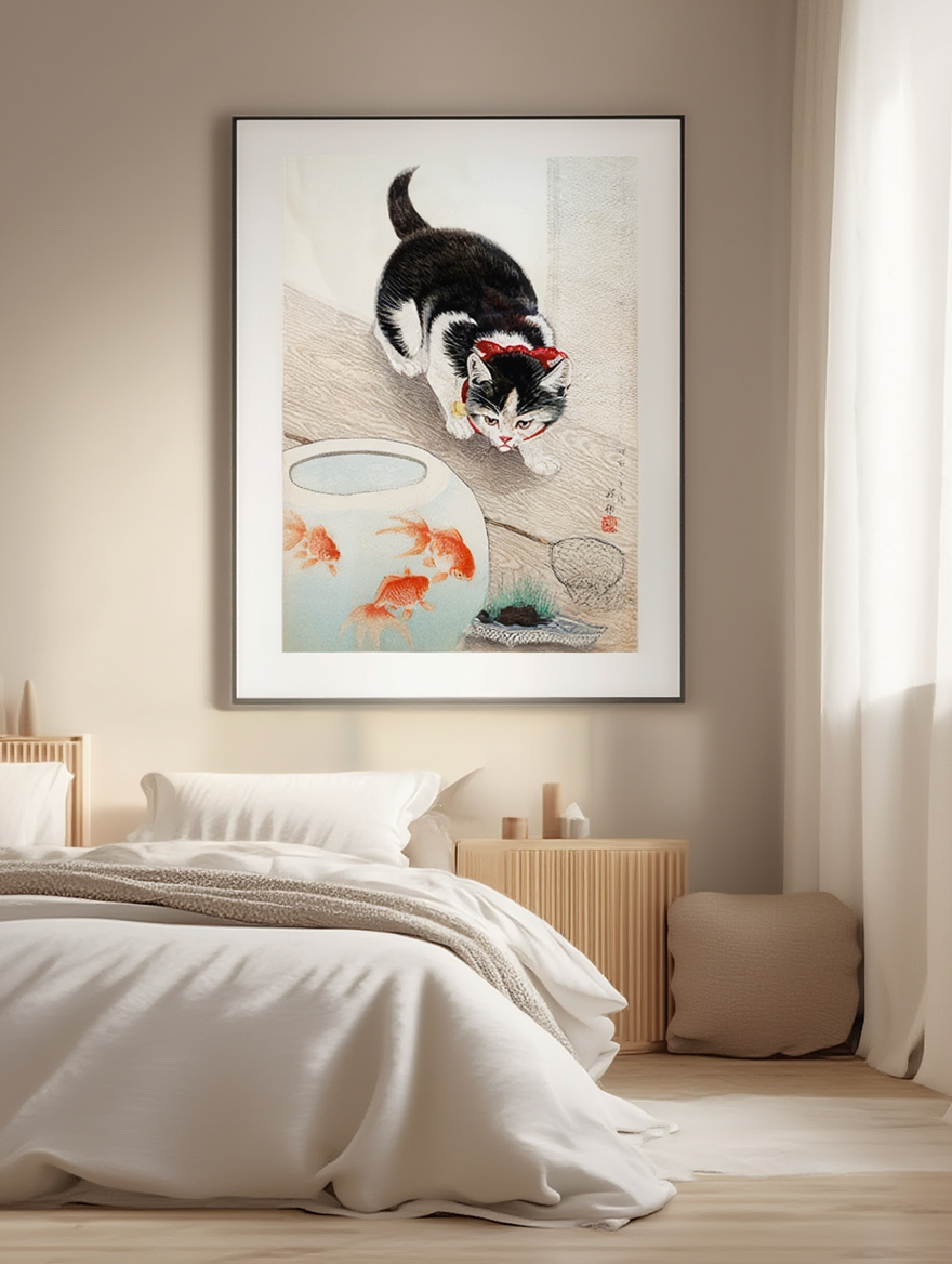 Cat and Bowl of Goldfish – Ohara Koson Poster | Japanese Nature Art Print