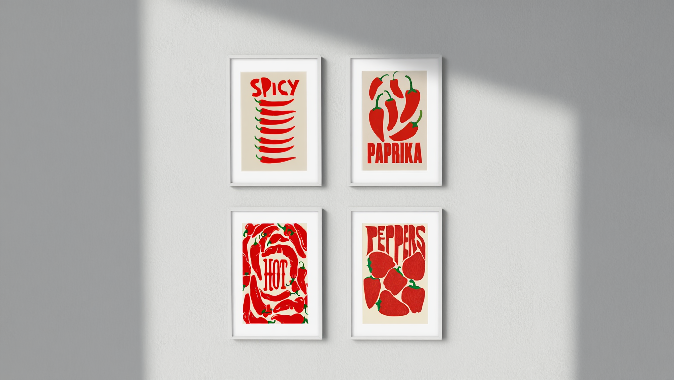 4 Red Pepper Prints – Minimalist Kitchen Wall Art Collection
