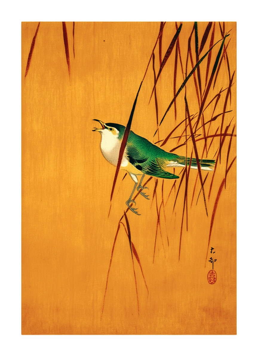 Songbird in Reeds – Ohara Koson Poster | Japanese Nature Art Print