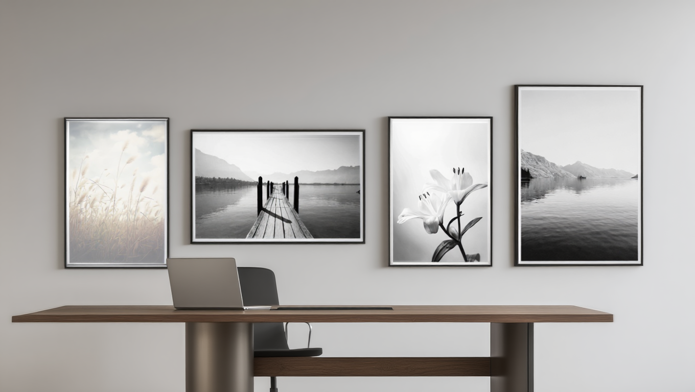 Monochrome Nature: 4 Black & White Landscape & Floral Prints Set