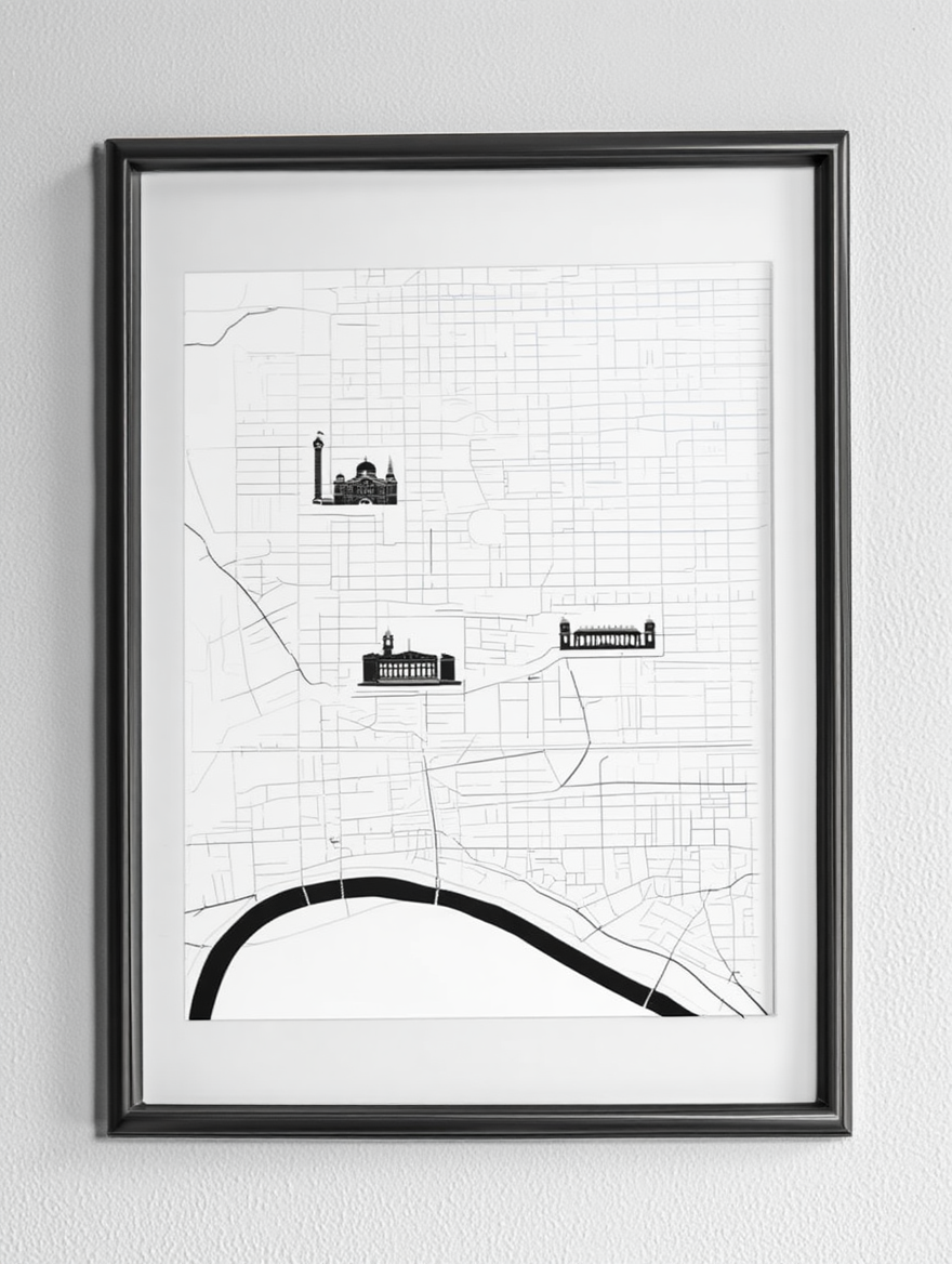 Melbourne City Map Poster – Black and White Minimalist Wall Art Print