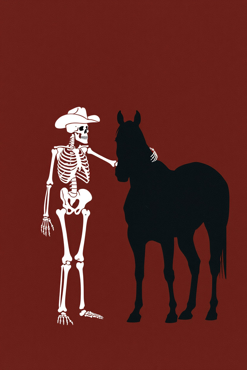 Skeleton Standing Next to Dark Horse – Red Background – Art Print