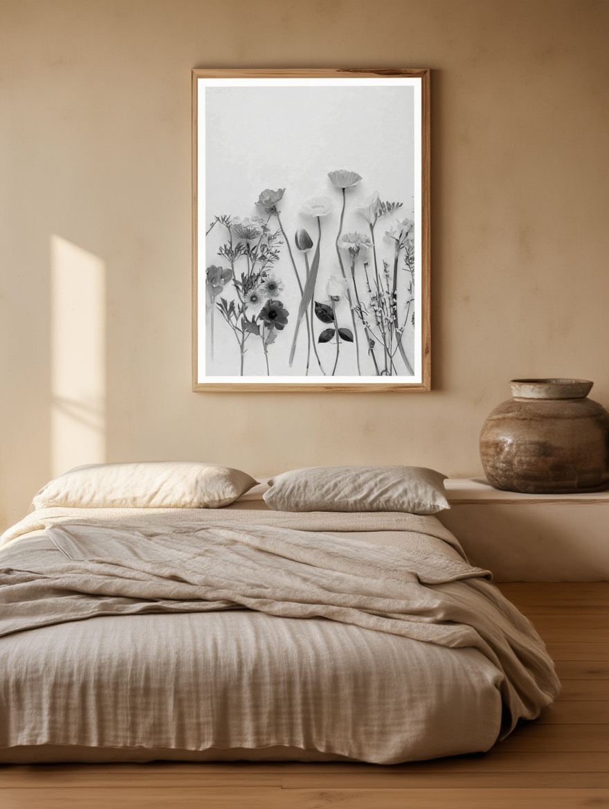 Plakat med sorte og hvide pressede blomster