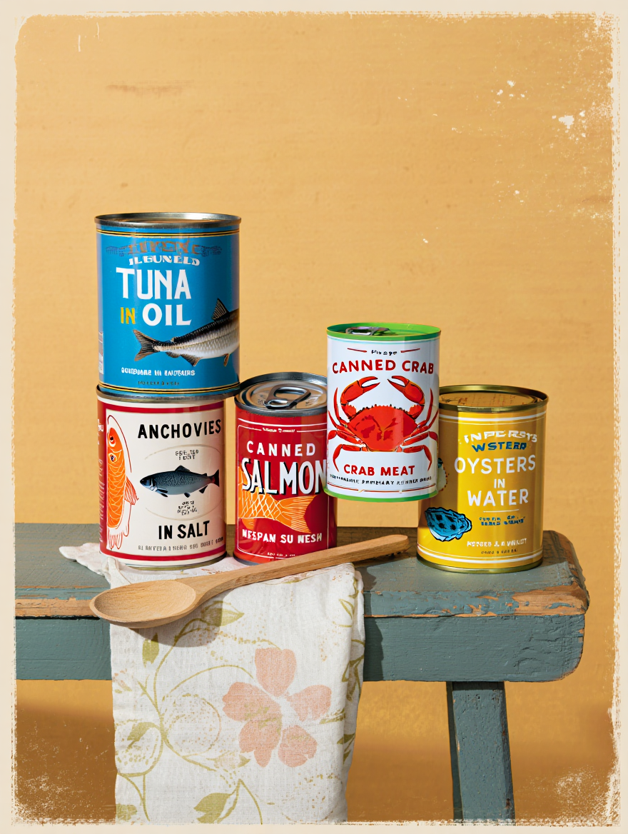 4 Retro Seafood Posters – Vintage Fish Can Wall Art Prints