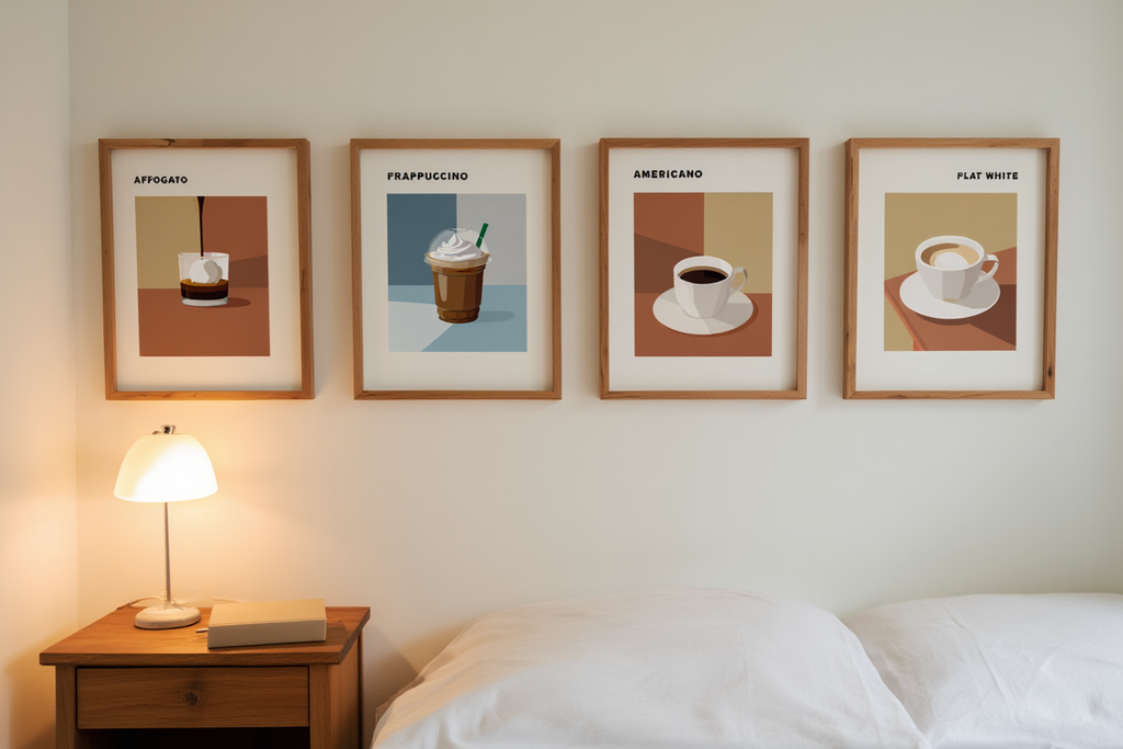 4 Coffee Posters – Affogato, Flat White, Macchiato, Frappuccino & Americano Minimalist Café Wall Art