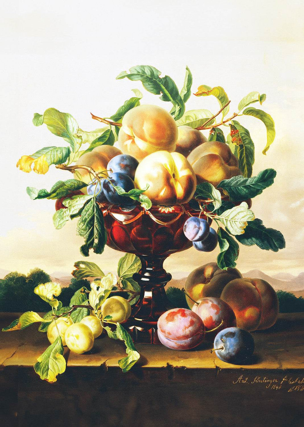 Still Life with Peaches and Plums in a Red Glass Bowl - Hakyarts