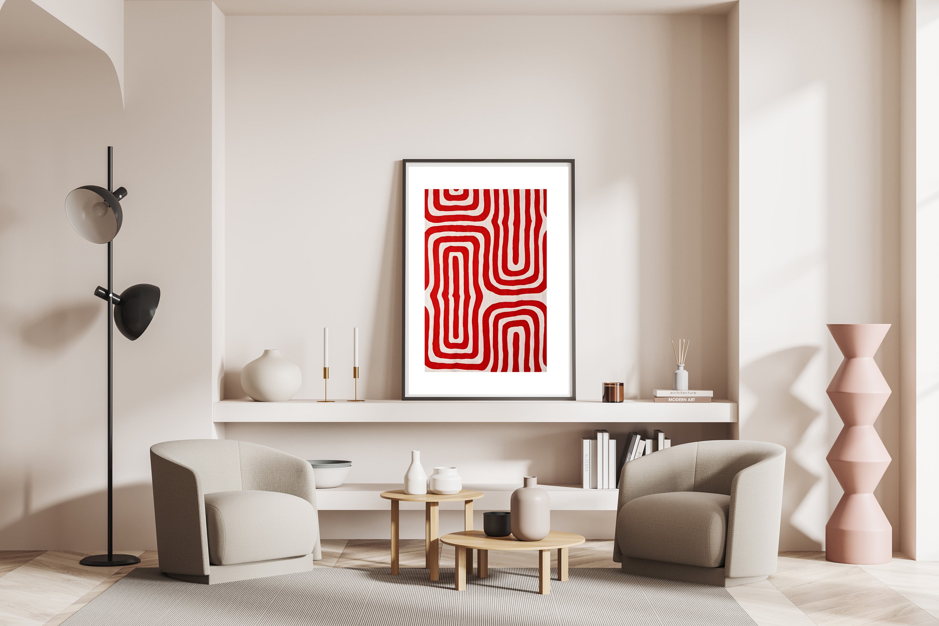 Geometric Maze Bold Red Abstract Art Poster