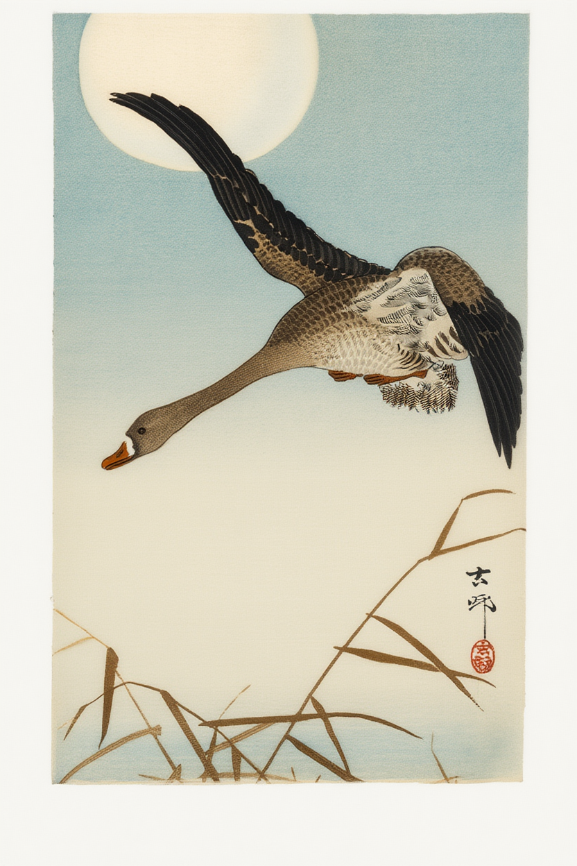 Goose Flying in Moonlight – Ohara Koson Poster | Japanese Nature Art Print