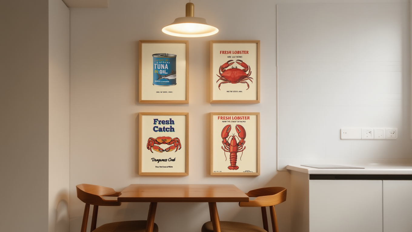 4 Retro Seafood Posters – Vintage Fish Can Wall Art Prints