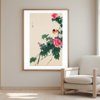 Stonechat on Blossoming Flower – Ohara Koson Poster | Japanese Nature Art Print - Hakyarts