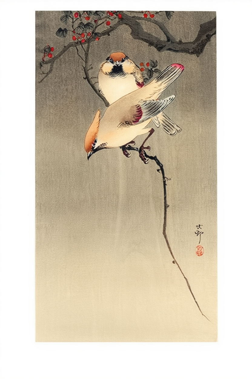 Starlings and Cherry Tree – Ohara Koson Poster | Japanese Nature Art Print