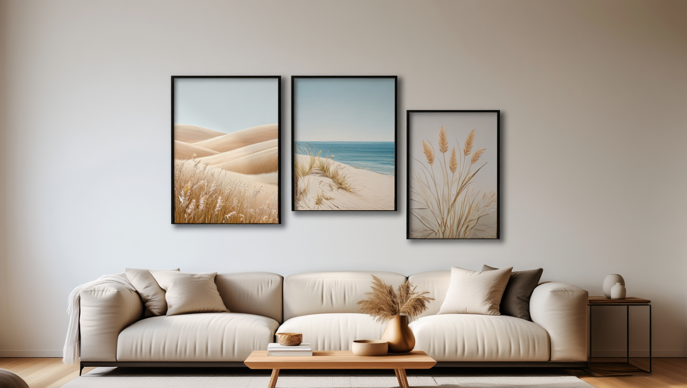 Beige Bohemian Beach Landscape – Office Set of 3 Prints