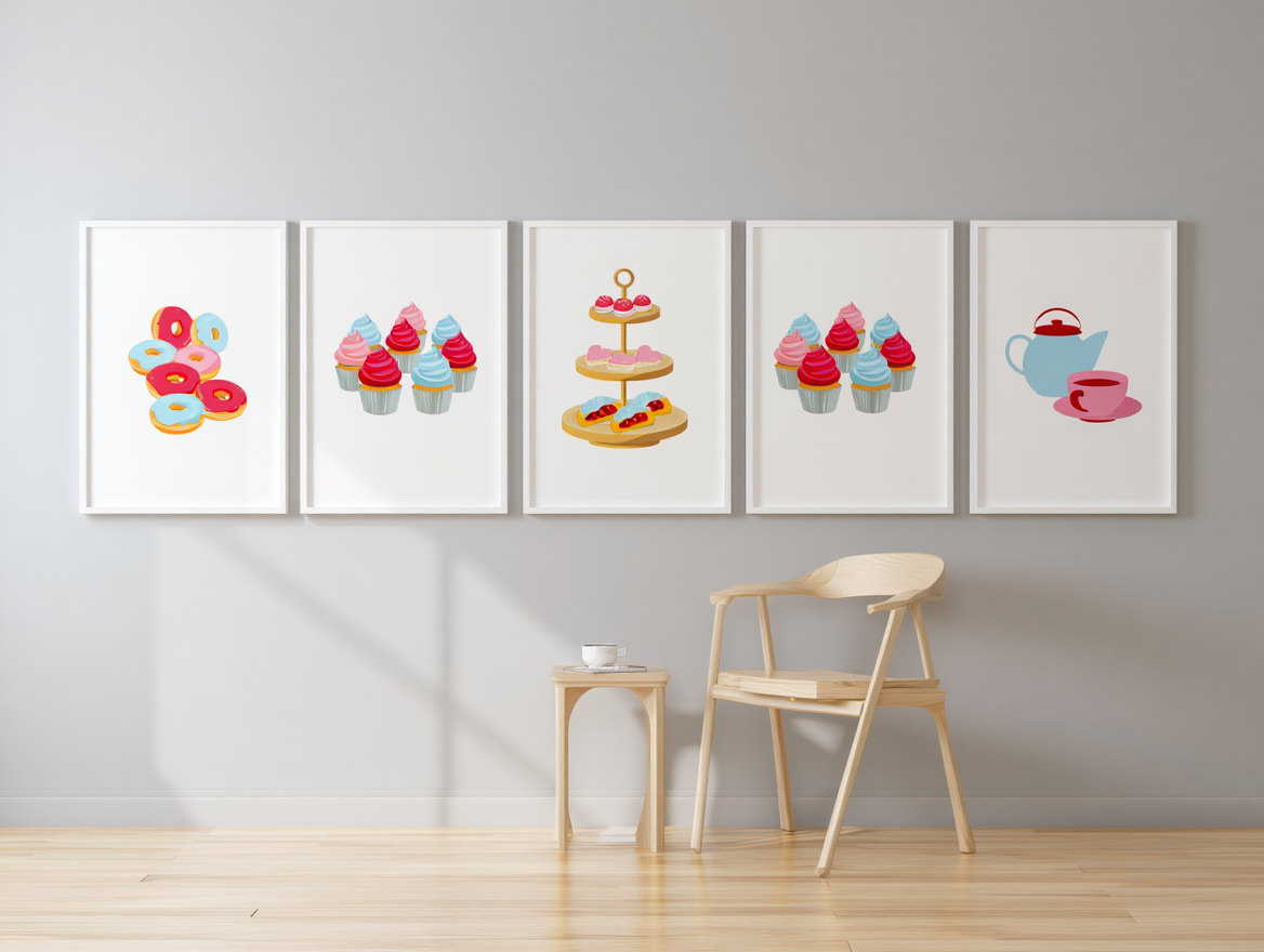 5 Colorful Afternoon Tea Party Prints – Red, Pink & Pastel Blue Nordic Picnic & Dessert Wall Art for Kitchen, Dining & Living Room Decor