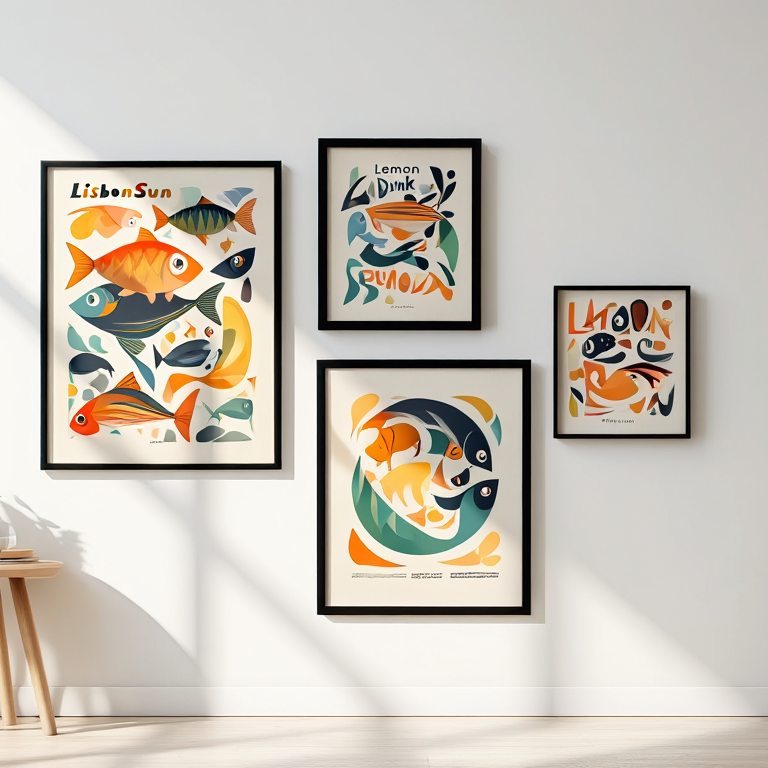 Lisbon Sun Lemon Fish – Living Room Set of 4 Prints