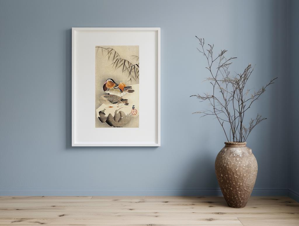 Affiche de Ohara Koson - Canards mandarins dans la neige