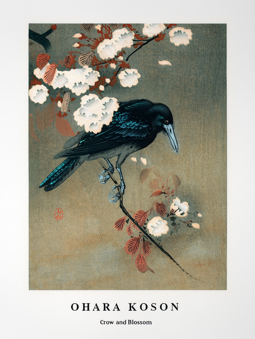 Crow and Blossom – Ohara Koson Poster | Japanese Nature Art Print