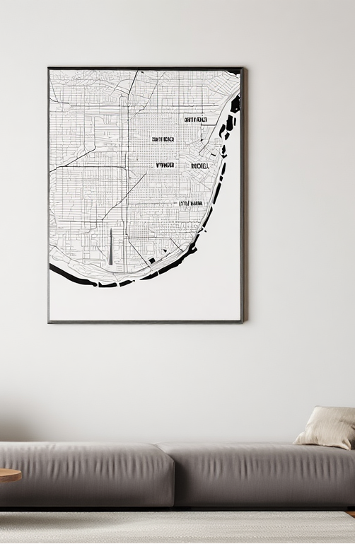 Miami City Map Poster – Minimalist Black & White Urban Wall Art Print