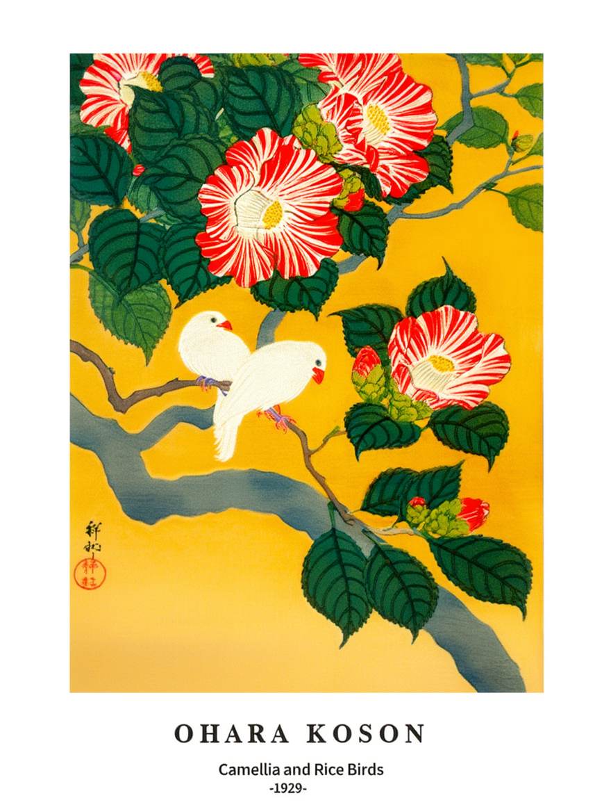 Camellia and Rice Birds – Ohara Koson Poster | Japanese Nature Art Print