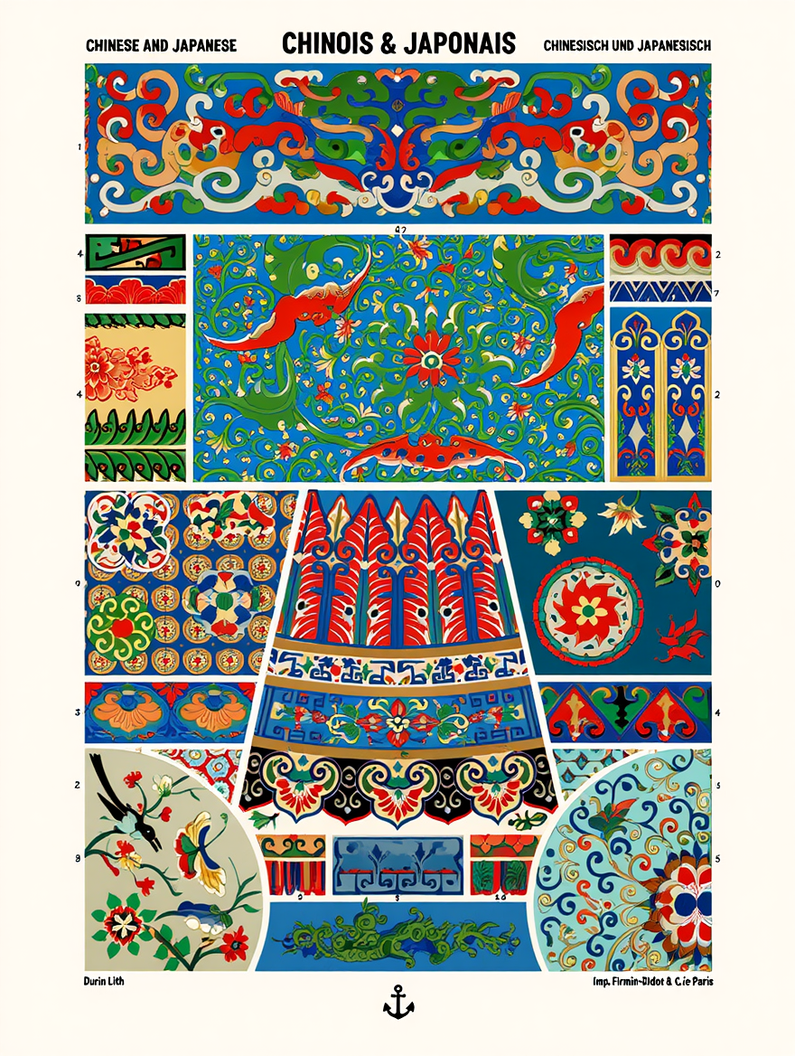 Illustration from L’Ornement Polychrome "Chinois & Japonais" by Auguste Racinet – Vintage French Decorative Art Print