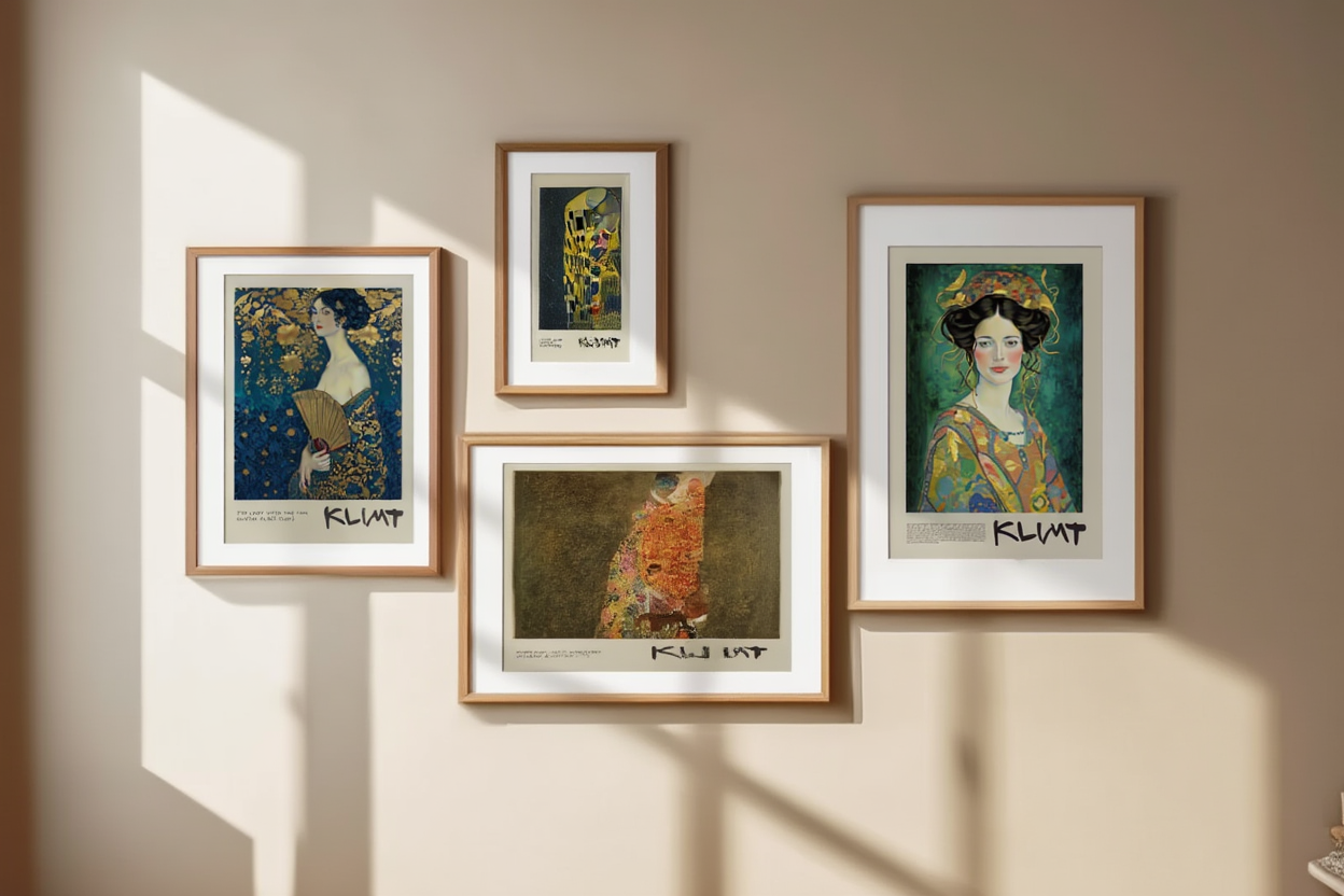 Gustav Klimt Modern Art Print Set – 4 Decorative Golden Wall Prints | Stylish Gallery Wall Décor for Home & Office
