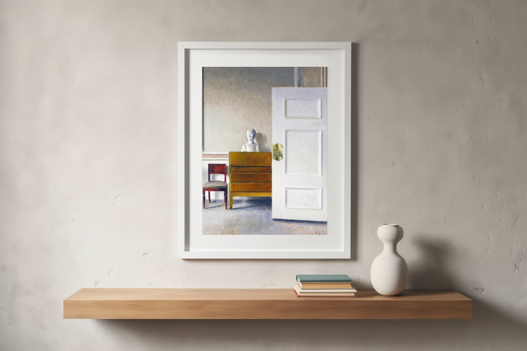 Interior with a Bust – Minimalist Interior Art Print by Vilhelm Hammershøi