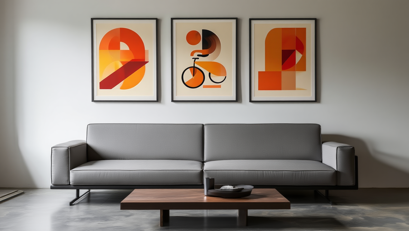 Abstract Orange Bauhaus Bicycle – Office Set of 3 Prints