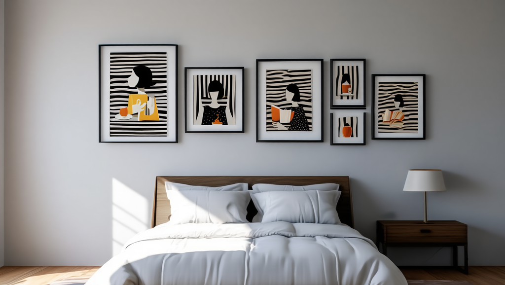 Black Striped Grid Girl – Abstract Wall Art Set for Living Room & Café - Set of 5 Prints