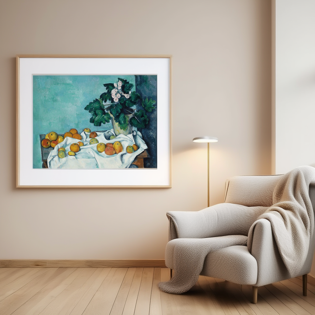 Still Life with Apples and a Pot of Primroses – Paul Cézanne Poster | Post-Impressionist Still Life Art Print