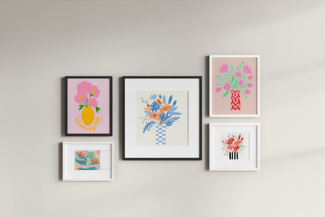 5 Geometric Vase & Wildflower Prints – Modern Minimalist Wall Art for Living Room, Kitchen & Office Decor
