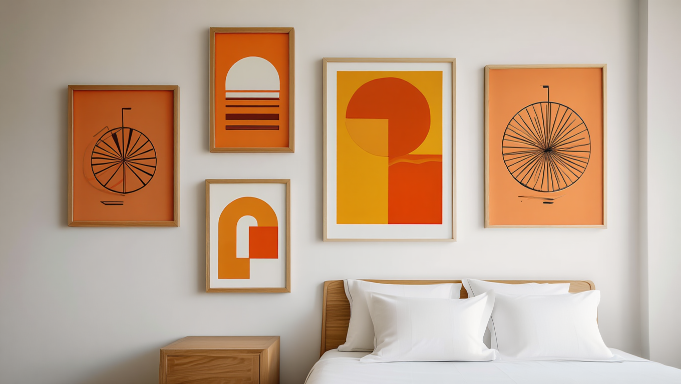 Abstract Orange Bauhaus Bicycle – Dormitory Set of 5 Prints
