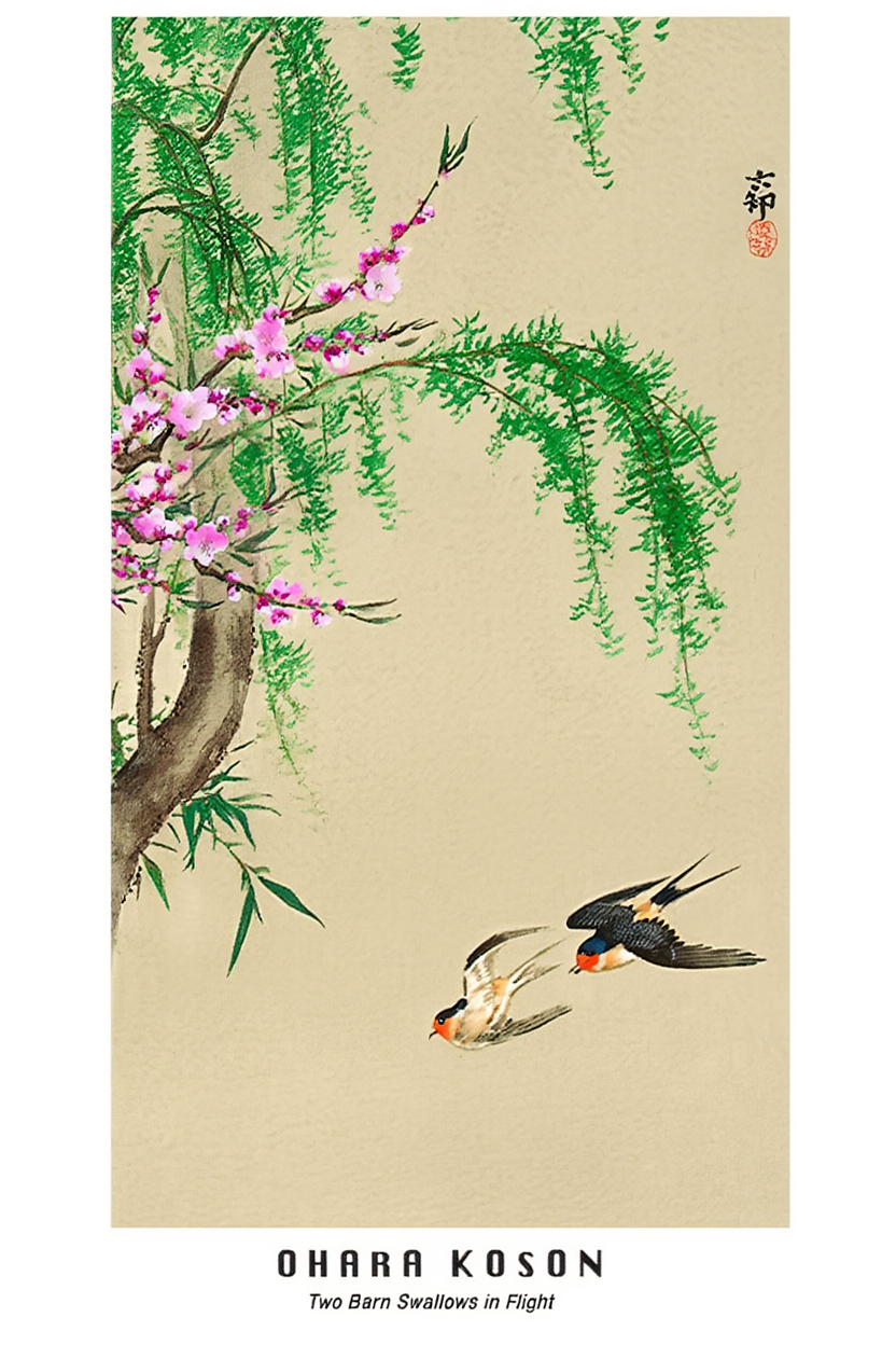 Two Barn Swallows in Flight – Ohara Koson Poster | Japanese Nature Art Print